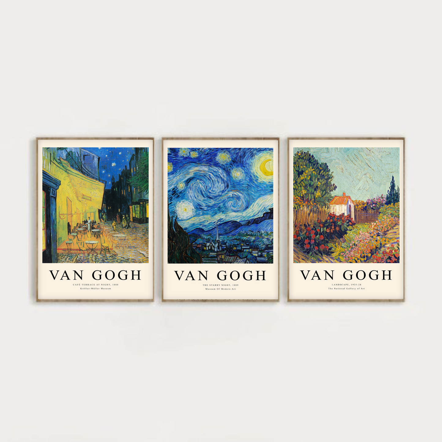 Van Gogh: Cafe Terrace, Starry Night, Cottage Landscape with text (Set of 3)