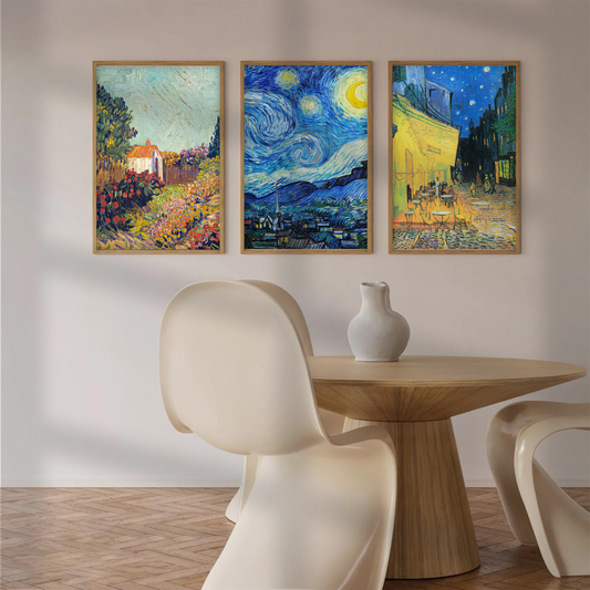 Van Gogh: Cafe Terrace, Starry Night, Cottage Landscape without text (Set of 3)